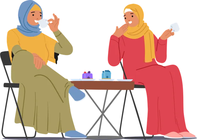 Two muslim woman sitting and enjoying tea  Illustration