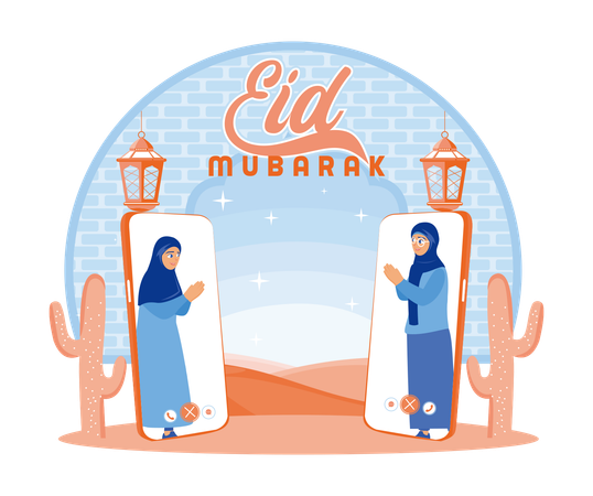 Two Muslim women celebrate Eid together  Illustration