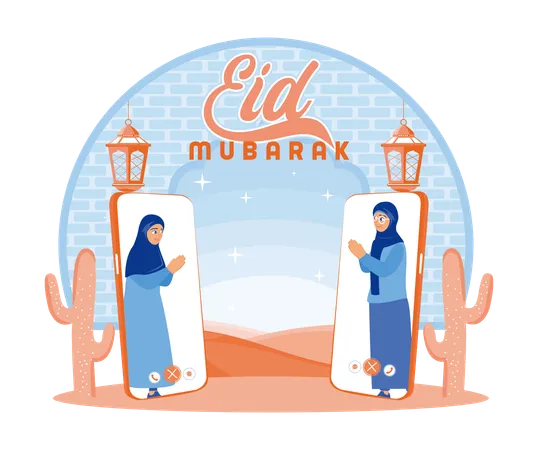 Two Muslim women celebrate Eid together  Ilustración