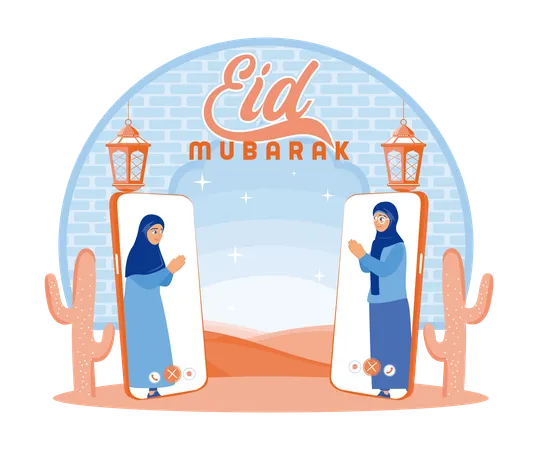 Two Muslim women celebrate Eid together  Illustration