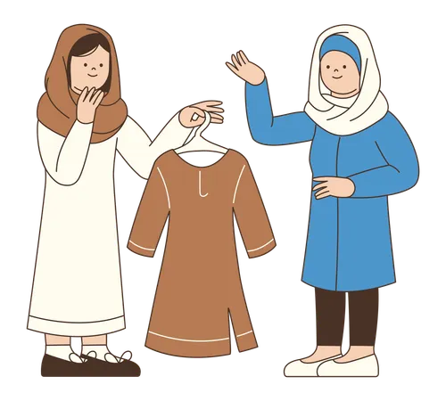 Two Muslim Women doing Shopping for Clothing  Illustration