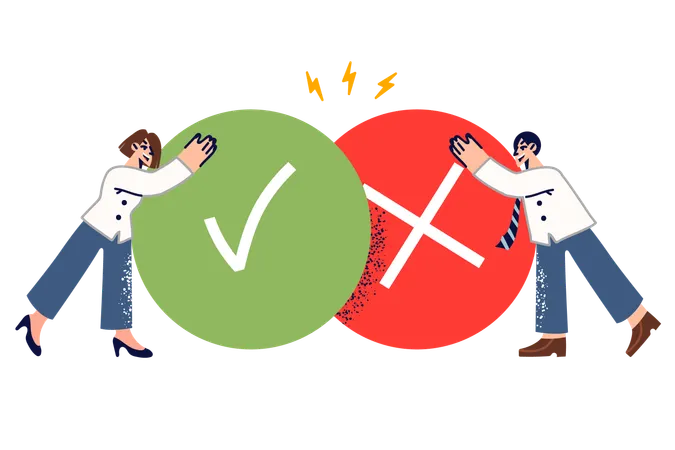 Two Office Workers Compare Pros And Cons Of New Strategy Standing Near Large Pros Or Cons Icons Making Comparisons Or Making Difficult Decisions By Considering Positives And Negatives Of Plan イラスト