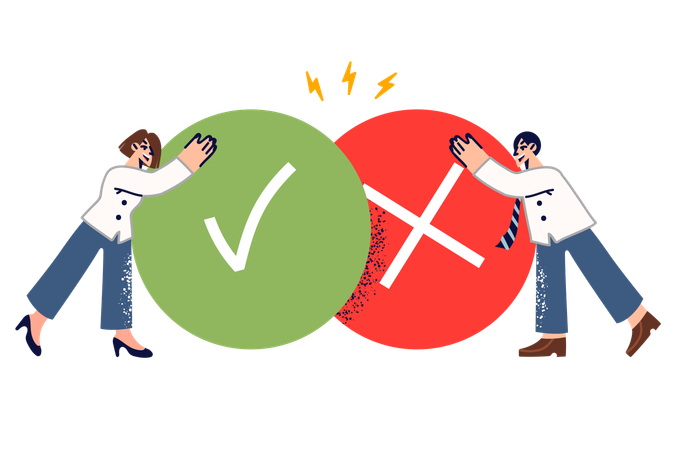 Two office workers compare pros and cons new strategy while standing near large pros and cons  Illustration