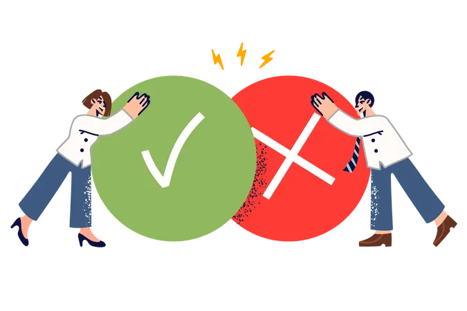 Two office workers compare pros and cons new strategy while standing near large pros and cons  Illustration