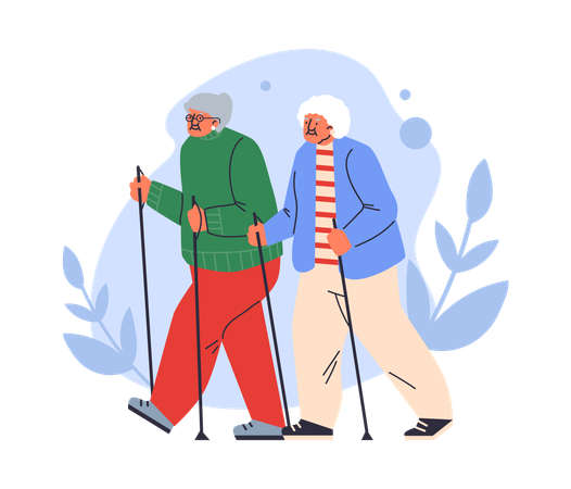 Two old women with sticks nordic walking  Illustration