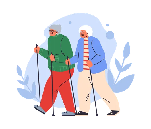 Two old women with sticks nordic walking  Illustration