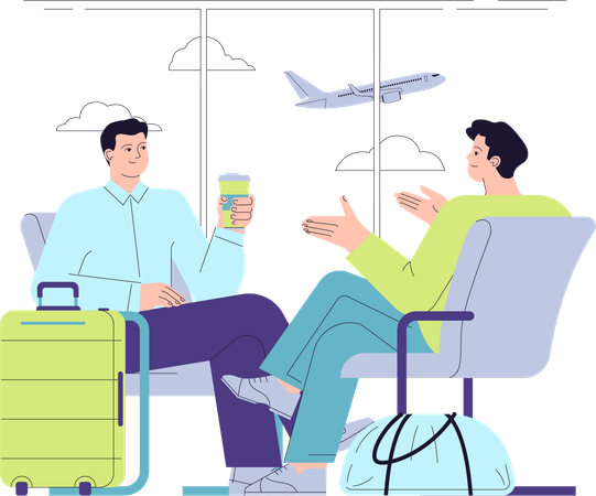 Two passengers waiting for  flight with cup of coffee  Illustration