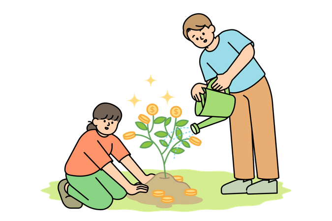 Two people are planting a money tree  Illustration