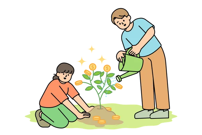 Two people are planting a money tree  Illustration