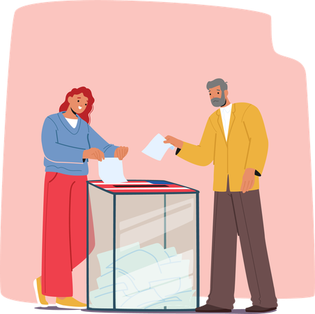 Two People Characters Casting Their Votes At Polling Station  Illustration