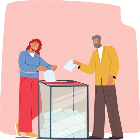 Two People Characters Casting Their Votes At Polling Station  Illustration