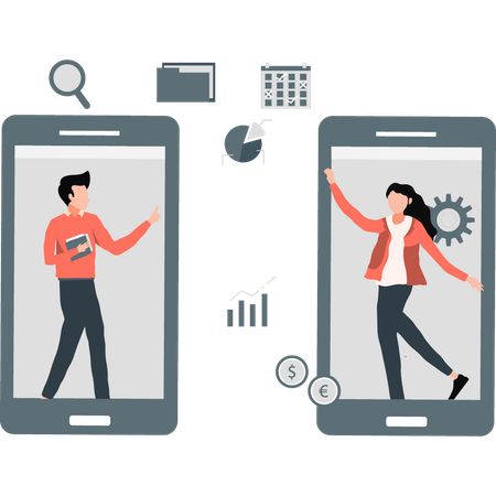 Two people communicating on cell phones  Illustration