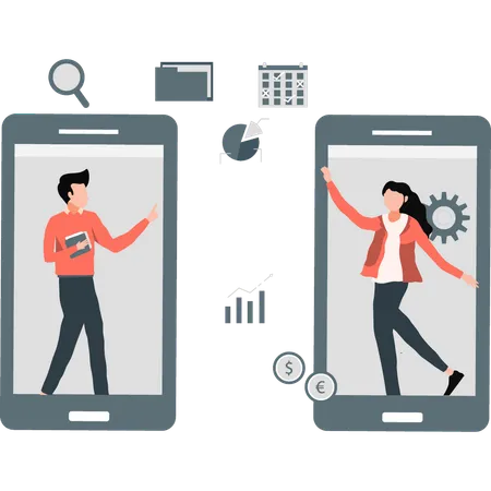 Two people communicating on cell phones  Illustration