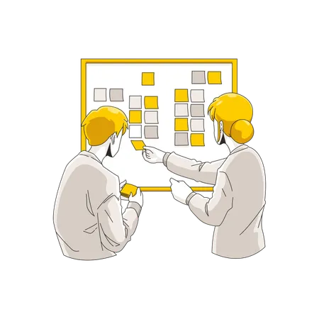 Two people creating action plan layout on sticky notes  Illustration
