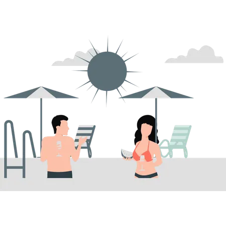 Two people enjoying drink while swimming  Illustration