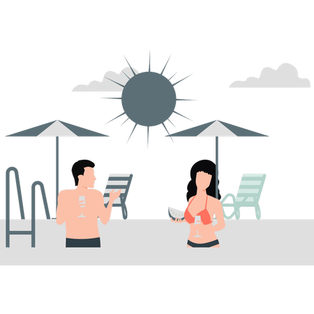 Two people enjoying drink while swimming  Illustration