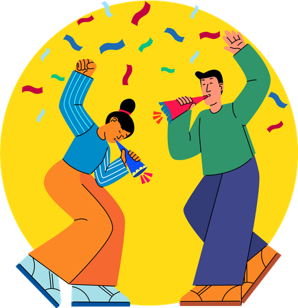 Two people enthusiastically celebrating with party horns against a vibrant yellow background with falling confetti  Illustration