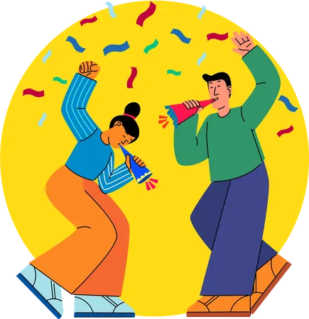 Two People Enthusiastically Celebrating With Party Horns Against A Vibrant Yellow Background With Falling Confetti Illustration