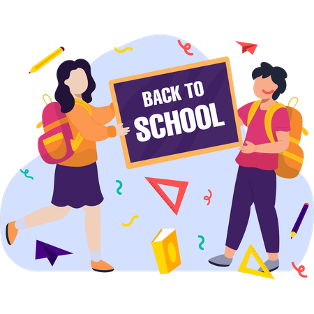 Two people hold a colorful "Back to School" sign smiling and ready for the new school year  Illustration