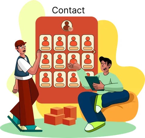 This Colorful Illustration Shows Two People Managing Their Social And Professional Contacts Through A Digital Device Emphasizing Organization And Connectivity Illustration