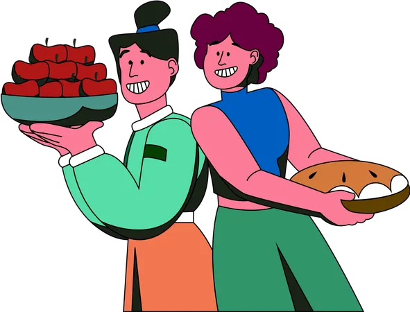 Two people present a rustic and hearty selection of Thanksgiving foods  イラスト
