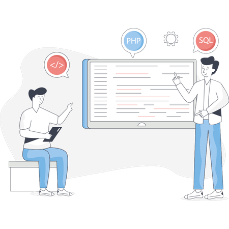 Two people sit in front of a whiteboard and a computer screen engaged in a discussion or presentation  Illustration