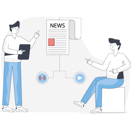 Two people sit on a chair one reading a newspaper while the other looks on attentively  Illustration