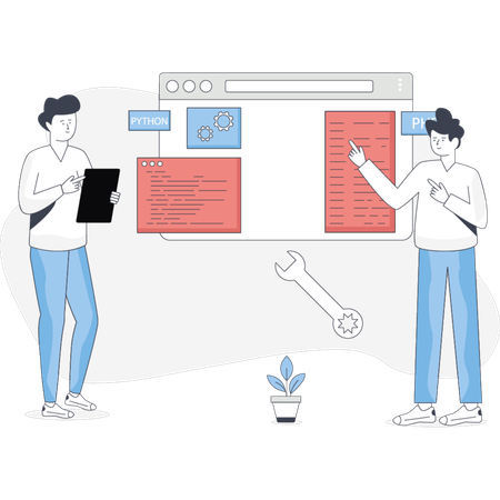 Two people stand beside a computer screen holding a tablet and a wrench engaged in a discussion or collaboration  Illustration
