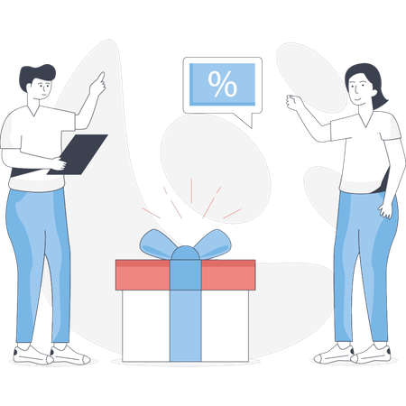 Two people stand beside a large gift box featuring a prominent percentage sign suggesting a sale or discount event  Illustration