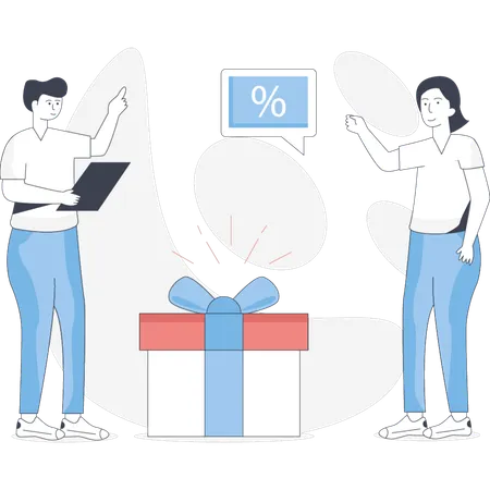 Two people stand beside a large gift box featuring a prominent percentage sign suggesting a sale or discount event  Illustration