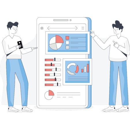 Two people stand beside a phone displaying various graphs and charts discussing data insights  Illustration