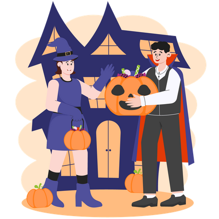 Two People Trick-or-Treating for Halloween Candy  Illustration