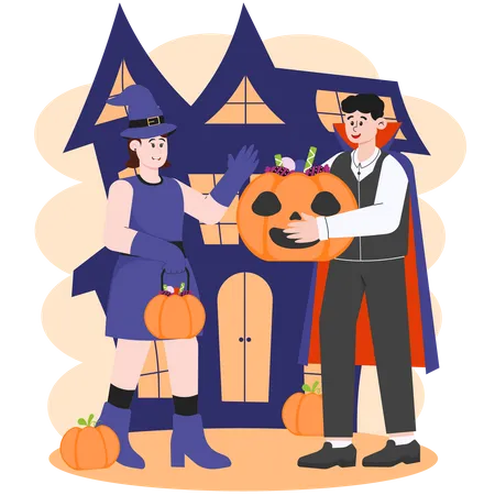 Two People Trick-or-Treating for Halloween Candy  Illustration