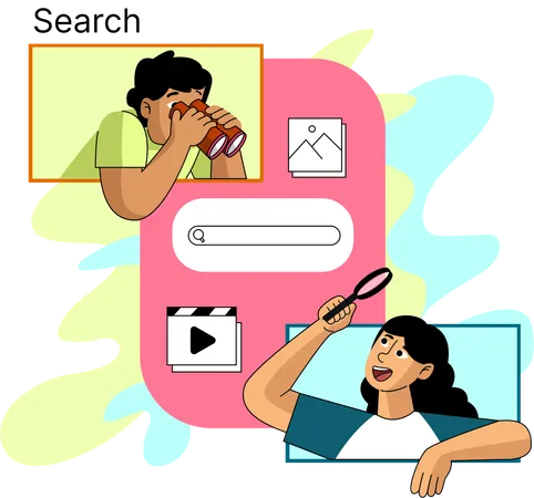 An Illustration Of Two People Using A Search Engine On Their Devices To Find Information Symbolizing The Power Of Internet Search Illustration