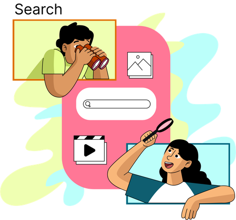 Two people using a search engine on their devices to find information  Illustration