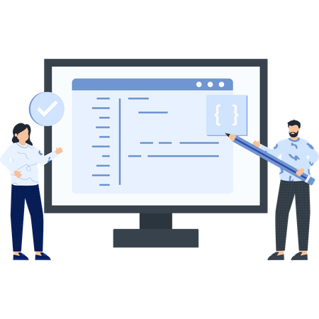 Two People with a Computer Screen and Code  Illustration