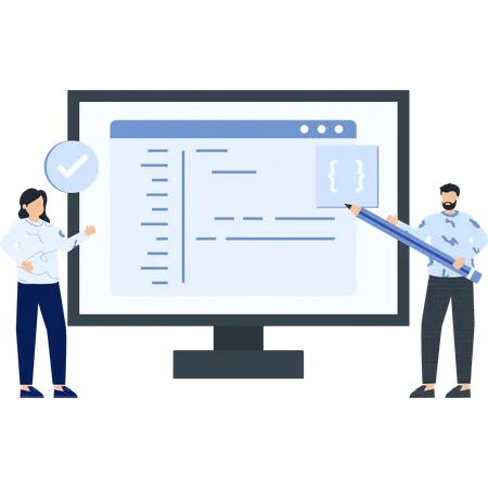 Two People with a Computer Screen and Code  Illustration