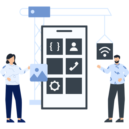Two People with a Smartphone  and a Crane  Illustration