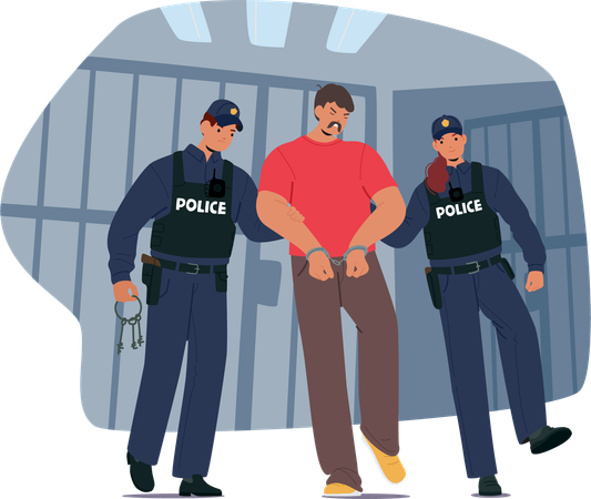 Two Police Officers Escort Handcuffed Man In Jail Setting  Illustration