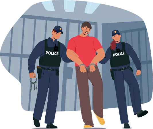 Two Police Officers Escort Handcuffed Man In Jail Setting  Illustration