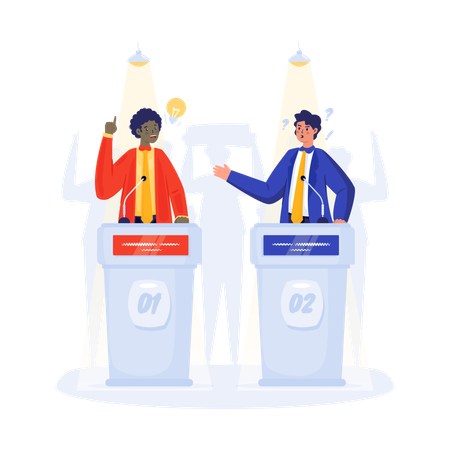 選挙投票日に向けて2人の候補者がステージ上で討論している  イラスト
