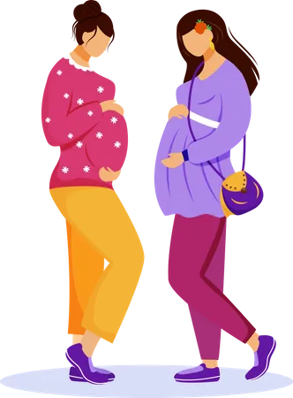 Two Pregnant Women Flat Vector Illustration Female Friendship Awaiting Babies Friend Girls Stroking Their Bellies At Meeting Isolated Cartoon Characters On White Background イラスト