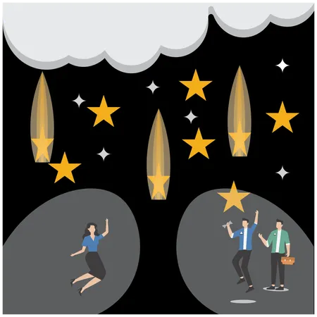 Two professionals catching falling stars, symbolizing capturing business opportunities  Illustration