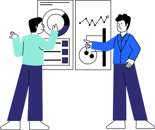 Two Professionals Interact Over A Complex Data Display Pointing Out Specific Metrics And Trends Ideal For Themes Of Detailed Data Review And Strategic Planning Illustration