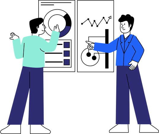 Two professionals interact over a complex data display  Illustration