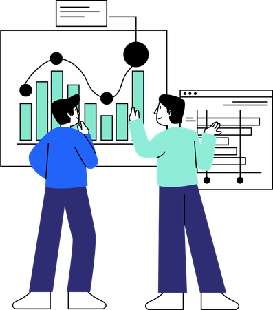 Two professionals stand discussing business metrics displayed on charts  イラスト