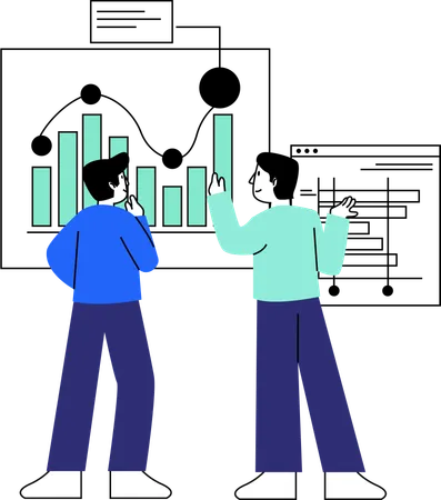 Two Professionals Stand Discussing Business Metrics Displayed On Charts Illustrating Teamwork And Effective Communication In A Corporate Environment Illustration