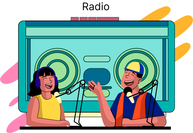 Two radio hosts broadcasting live  イラスト
