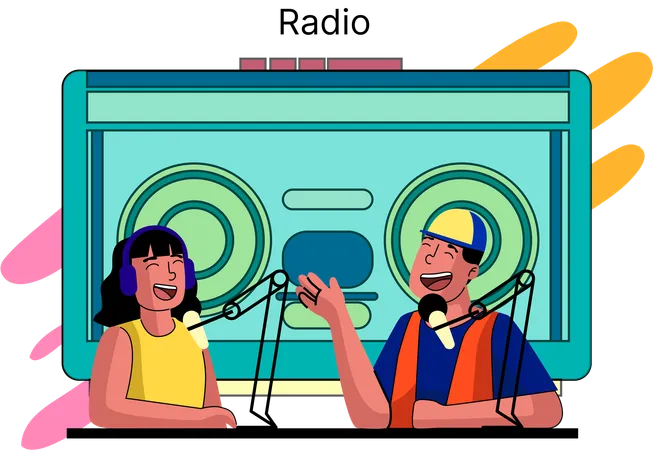 Illustrates Two Radio Hosts Broadcasting Live Highlighting The Enduring Relevance Of Radio In The Digital Age Illustration