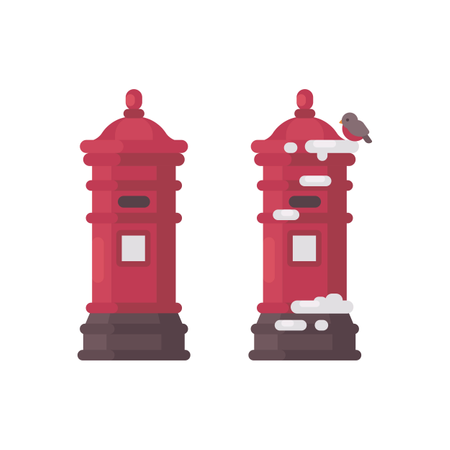 Two Red Vintage Mailboxes With Snow Illustration